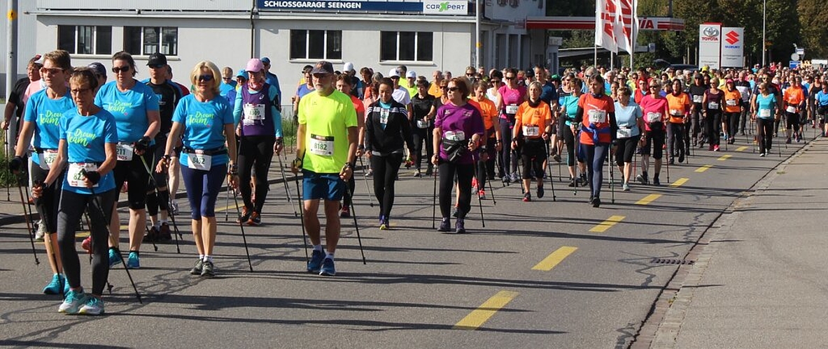 <em>Walking ist angesagt: </em>Eine stattliche Gruppe nahm die kürzere Distanz des Hallwilerseelaufes unter die Füsse. Foto: ast
