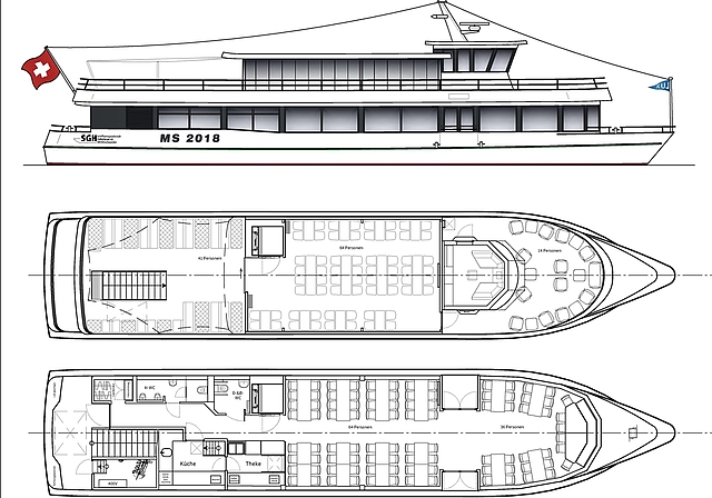 So soll das neueste Hallwilersee-Schiff aussehen: Der Entwurfsgeneralplan der MS 2018 mit Seitenansicht, Ober- und Unterdeck (Lift links in der Mitte). Plan: SGH
