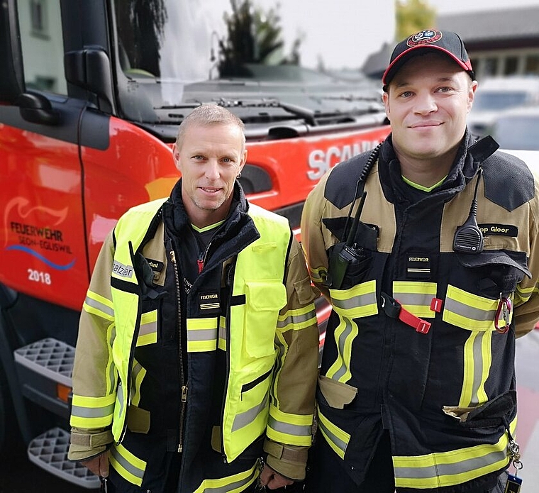 <em>Der scheidende Kommandant und sein Nachfolger: </em>Andreas Schaus und Philipp Gloor von der Feuerwehr Seon-Egliswil. Foto: Fritz Thut