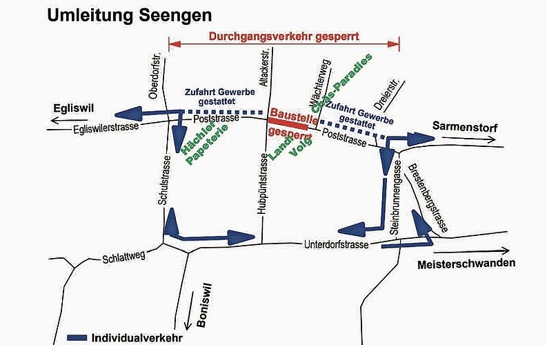 Zufahrt immer gewährleistet: Die verschiedenen Ladenlokale an der Seenger Poststrasse (grüne Schrift) sind auch während der Sanierungsarbeiten und trotz Umleitungssignalisation und Fahrverboten zugänglich; Plan der aktuellen Situation. Foto: zvg/lba