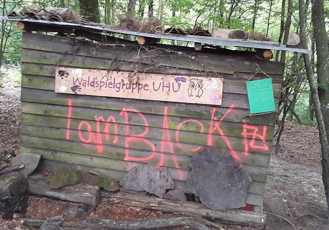 <em>Sprayereien verunstalten den Wald bis hinunter zur Schulanlage:</em> Im Bild der Geräteschuppen der Waldspielgruppe «Uhu». Foto: zvg