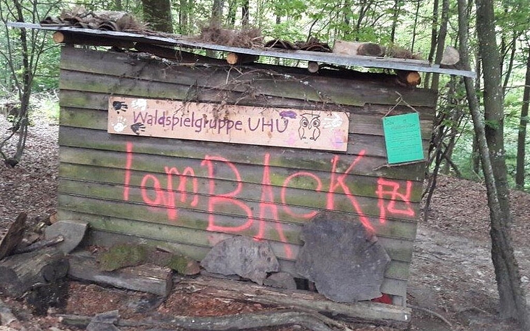 <em>Sprayereien verunstalten den Wald bis hinunter zur Schulanlage:</em> Im Bild der Geräteschuppen der Waldspielgruppe «Uhu». Foto: zvg