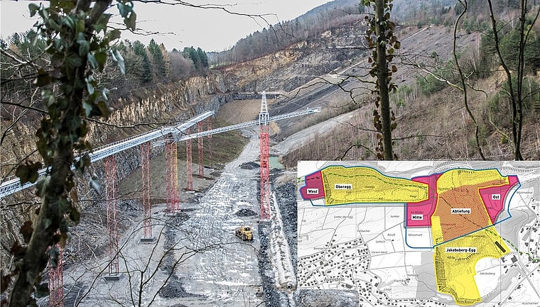 Erweiterung West in der Oberegg: Während der vordere Teil der Oberegg bereits aufgefüllt und rekultiviert wird, plant die JCF ganz hinten eine Erweiterung des Abbauvolumens um ca. 1 Million Kubikmeter Kalkgestein. Auf dem Plan sind die neuen Abbaug
