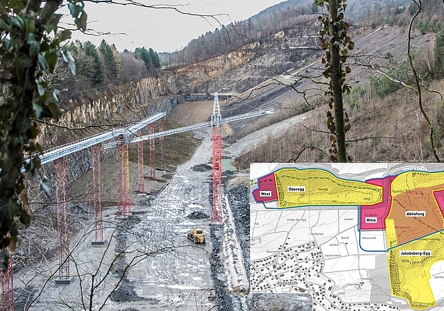Erweiterung West in der Oberegg: Während der vordere Teil der Oberegg bereits aufgefüllt und rekultiviert wird, plant die JCF ganz hinten eine Erweiterung des Abbauvolumens um ca. 1 Million Kubikmeter Kalkgestein. Auf dem Plan sind die neuen Abbaug
