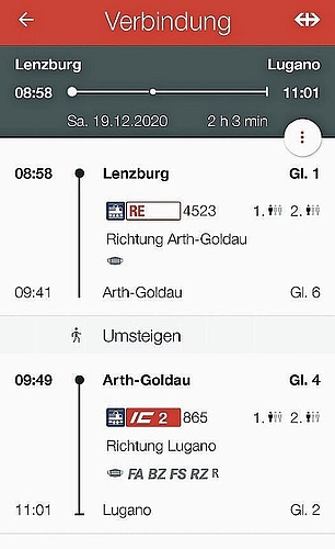 2 Stunden 3 Minuten Reisezeit, einmal umsteigen: Fahrplan Lenzburg–Lugano. Foto: tf
