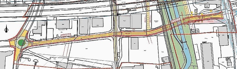 Geplanter Verlauf: Die gelb markierte Verlängerung der Ringstrasse Nord vom Kreisel bis zur Niederlenzerstrasse. Planfoto: Stadt Lenzburg