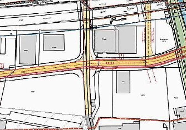 Geplanter Verlauf: Die gelb markierte Verlängerung der Ringstrasse Nord vom Kreisel bis zur Niederlenzerstrasse. Planfoto: Stadt Lenzburg