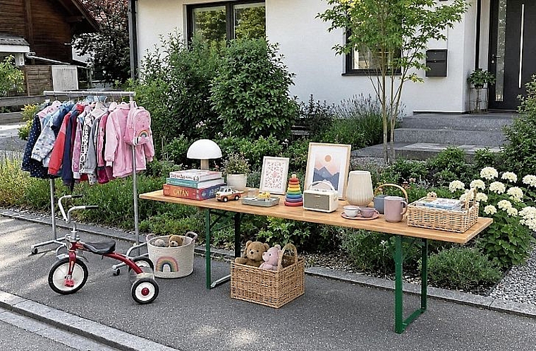 Beim ersten Hendschiker Dorf-Flohmarkt werden gebrauchte Sachen direkt vor dem eigenen Haus, in Garagen, Gärten oder auf Vorplätzen angeboten.Foto: zvg