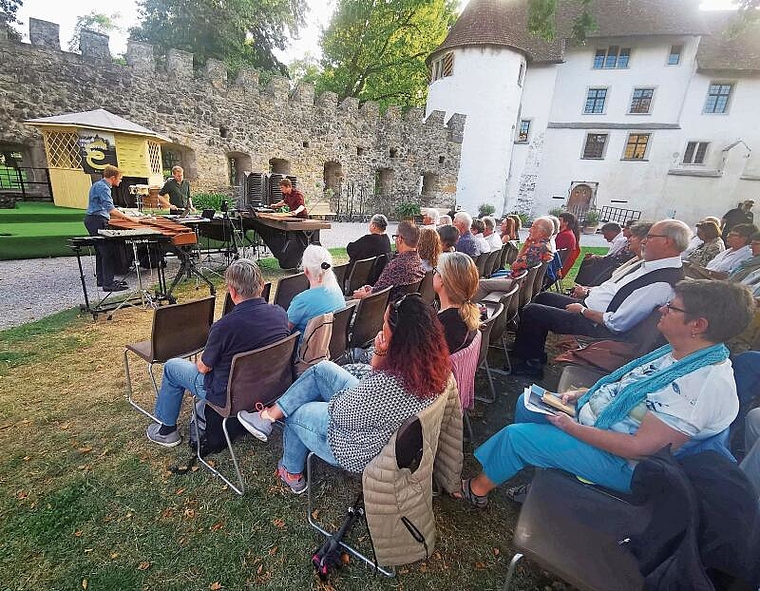 «Klein und fein»: Mit den drei Perkussionisten von «TrioColores» wurde das Festival «Wilhelmina» im Schloss Hallwyl eröffnet.Foto: Fritz Thut