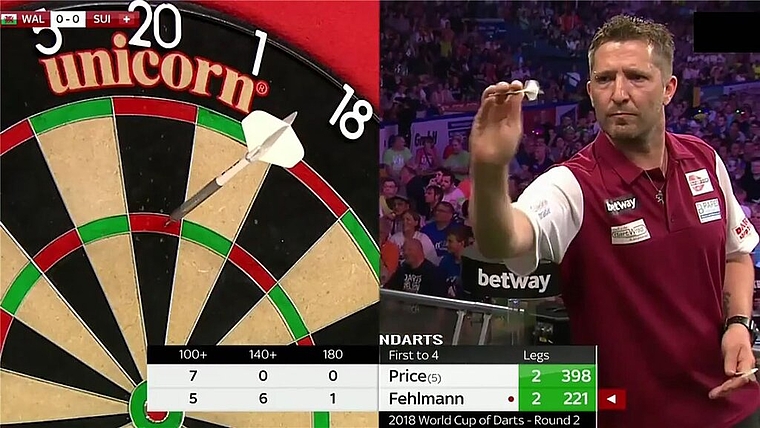 <em>Spiel des Lebens:</em> Der Seoner Darts-Spieler Alex Fehlmann schlug am Weltcup in Frankfurt die Weltnummer 12 Gerwyn Price. Foto: Screenshot