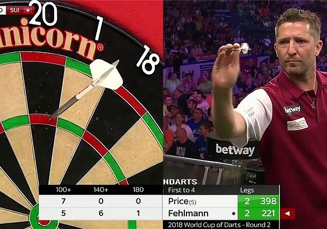 <em>Spiel des Lebens:</em> Der Seoner Darts-Spieler Alex Fehlmann schlug am Weltcup in Frankfurt die Weltnummer 12 Gerwyn Price. Foto: Screenshot