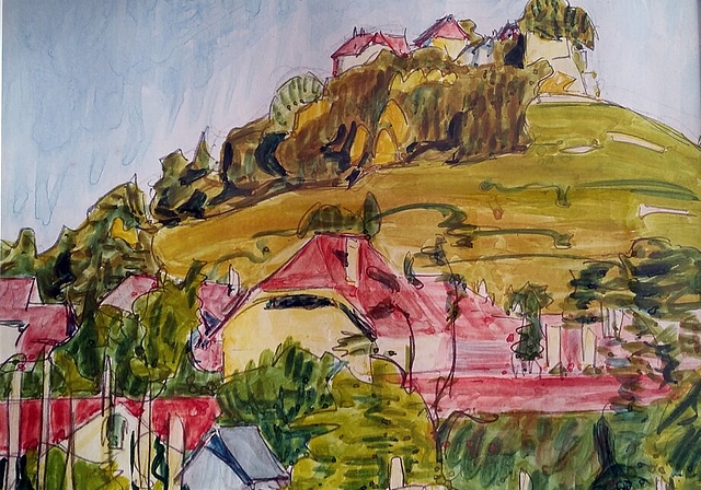<em>Die mittelalterliche Lenzburg in gleissendem Licht:</em> Aquarell vom Schloss, gemalt von Bruno Hesse, Sohn von Hermann Hesse. Foto: Stefanie Osswald
