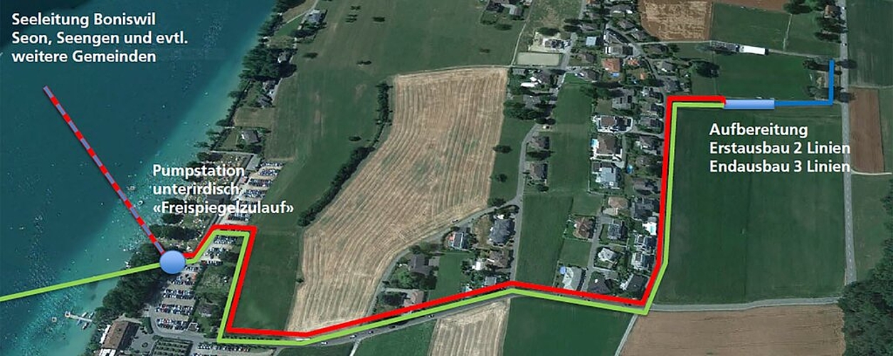 <em>Seewasser zum Sportplatz:</em> Plan der vorgesehenen Transportleitungen von der Pumpstation beim Strandbad (links) zur Aufbereitungsanlage (rechts). Plan: zvg
