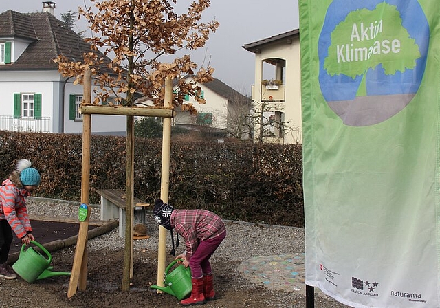 <em>Wollen fürs Klima Gas geben: </em>Zwei Kinder begiessen die frisch eingepflanzte Flaumeiche. Foto: Alfred Gassmann