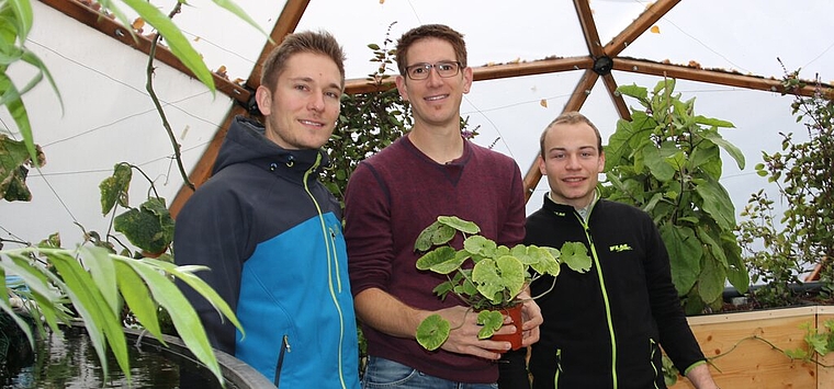 Das ganze Jahr über frischen Fisch, Obst und Gemüse aus dem eigenen Gewächshaus: Das ist jetzt auch für Laien ohne viel Aufwand möglich. Der Prototyp der Aquaponic-Anlage, die dies ermöglicht, steht in Niederlenz. Im Bild: Raphael Stocker, Raff