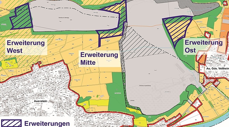 <em>Die schraffierten Linien kennzeichnen die geplante Erweiterung:</em> Karte des Steinbruchs Jakobsberg-Oberegg. Foto: zvg