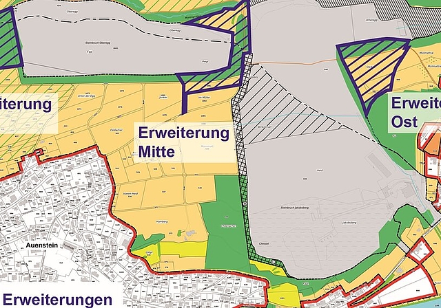 <em>Die schraffierten Linien kennzeichnen die geplante Erweiterung:</em> Karte des Steinbruchs Jakobsberg-Oberegg. Foto: zvg