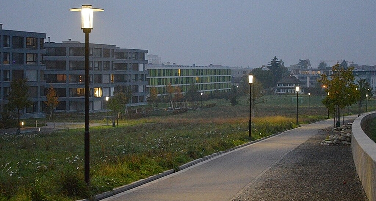 <em>Pilotversuch wird auf alle Quartierstrassen ausgedehnt:</em> Nächtens gedimmte Strassenlampen im Bereich Widmipark. Foto: zvg