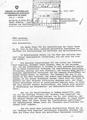 «Die Firma fühlt sich durch die getroffenen Massnahmen beleidigt»: Der zweiseitige Brief von Botschafter Max Casanova über Probleme mit Hero-Produkten in Saudiarabien im Jahr 1973. Quelle: Datenbank Dodis http://dodis.ch/37744
