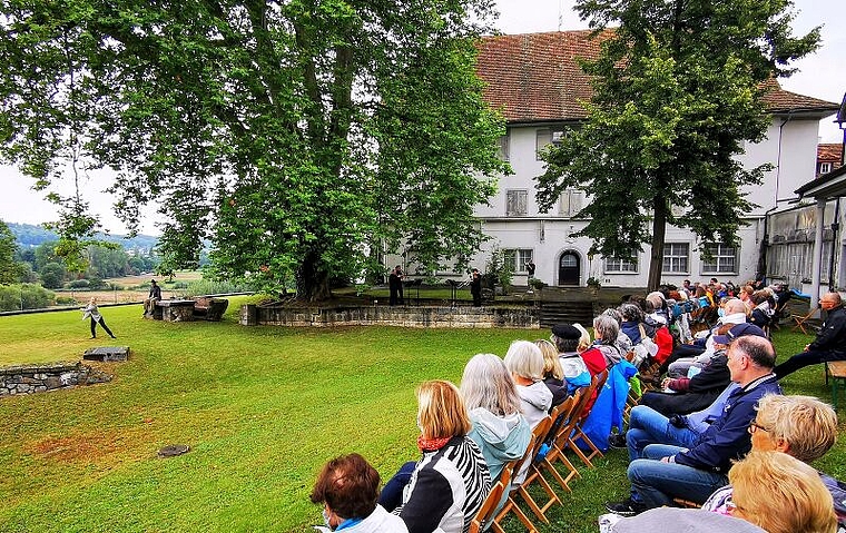 Zeitgenössischer Tanz und Klänge eines Bläserquartetts im Innenhof: «Höfische Musik» beim Brestenberg im Rahmen des Festivals «Wilhelmina – Fest der Künste». Foto: Fritz Thut