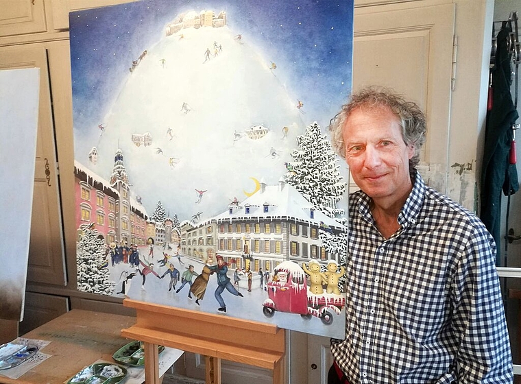 <em>Noch keine Fortsetzung geplant:</em> Künstler Fritz Huser mit dem Lenzburger Adventskalender 2018 in seinem Atelier. Foto: Fritz Thut
