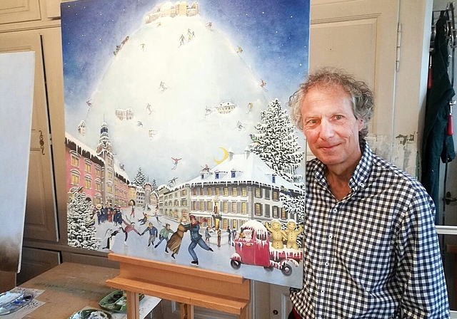 <em>Noch keine Fortsetzung geplant:</em> Künstler Fritz Huser mit dem Lenzburger Adventskalender 2018 in seinem Atelier. Foto: Fritz Thut