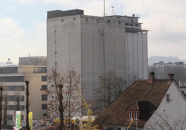 <em>Brut- und Schlafplätze sind weg:</em> Bei den markanten Futtersilos wurden die beiden UFA-Schilder entfernt und dadurch der Unterschlupf der Alpensegler vernichtet. Foto: Carolin Frei
