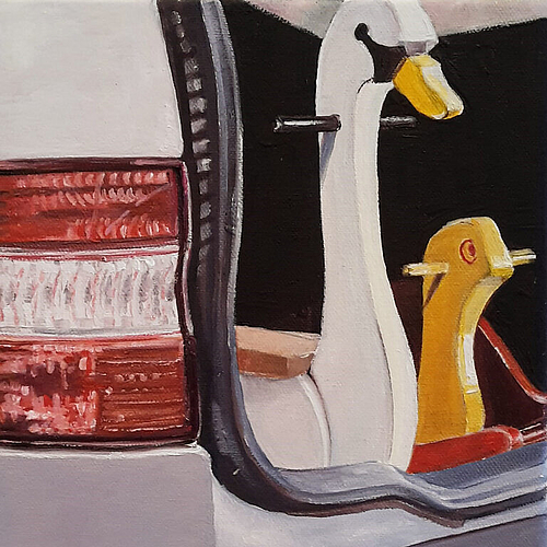 Ein Aushängeschild der Ausstellung «Lenzburg stellt aus» in der Alten Bleiche mit typischen Lenzburger Motiven: Das Bild «Reise nach Tripiti» (20 auf 20 Zentimeter, Öl auf Leinwand) von Anja Voegeli. Foto: zvg
