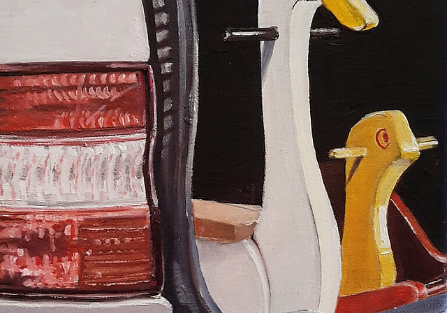 Ein Aushängeschild der Ausstellung «Lenzburg stellt aus» in der Alten Bleiche mit typischen Lenzburger Motiven: Das Bild «Reise nach Tripiti» (20 auf 20 Zentimeter, Öl auf Leinwand) von Anja Voegeli. Foto: zvg
