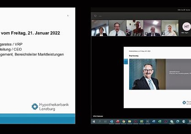 Online statt physisch: Die Medienkonferenz zur Bekanntgabe des Jahresergebnisses 2021 der Hypothekarbank Lenzburg über das Kommunikationsprogramm MS Teams. Screenshot: tf/lba
