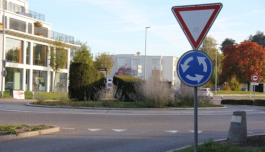 <em>Sehr düster:</em> Kreisel Aarauerstrasse/Schafisheimerstrasse/Ringstrasse West mit drei Eibenkuben.