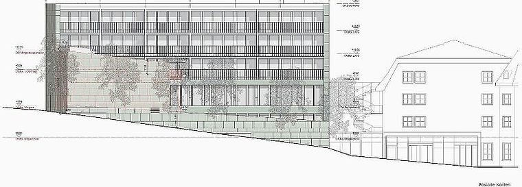 Ausbau innerhalb der bisherigen Perimeter: Vor dem «Cocon»-Trakt werden Restaurant- und Wellnessbereich erweitert (rote Striche). Foto: zvg