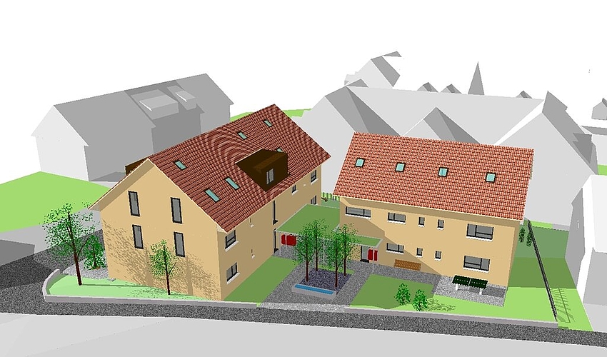 Künftig: Neubauten anstelle des Samelis-Huus. Visualisierung: Stadler Architekten AG Künftig: Neubauten anstelle des Samelis-Huus. Visualisierung: Stadler Architekten AG