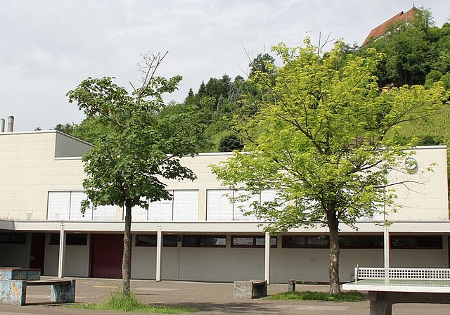 <em>Bedarf auf dem Schulhausareal: </em>Die heutige Turnhalle soll mit einer Doppel-Sporthalle ergänzt werden. Foto: AG