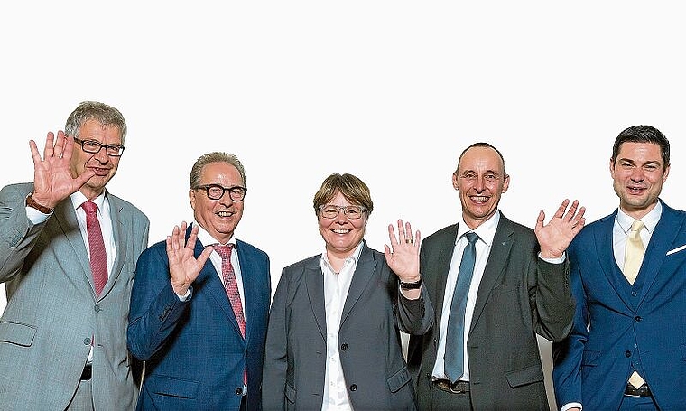 Protagonisten der 125-Jahr-Feier des Gewerbevereins Lenzburg und Umgebung: Stadtammann Daniel Mosimann, Gewerbevereinspräsident Erich Renfer, AIHK-Präsidentin und Hypi-CEO Marianne Wildi, Grossratspräsident Pascal Furer und Gewerbeverbandspräside