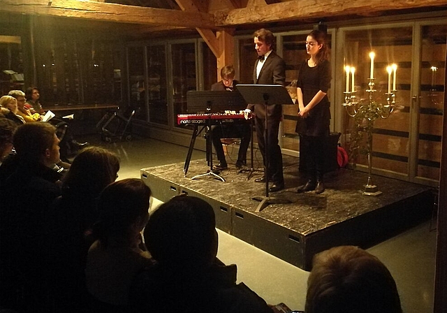 Grausliche Lieder im kalten Schloss Hallwyl: An der Gespensternacht der Gesellschaft zum Falken und Fisch musizierten Emanuel Steffen, Gaudenz Werner Wigger und Chiara Kräuchi. Foto: Fritz Thut