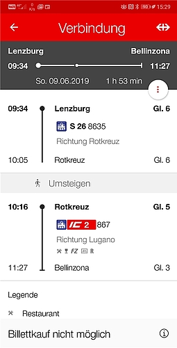 <em>Reisetag:</em> 9. Juni 2019 <em>Abfahrt:</em> 09:34 <em>Ankunft:</em> 11:27 <em>Anzahl Umsteigen:</em> 1 (Rotkreuz) <em>Reisezeit:</em> 1 Stunde 53 Minuten

