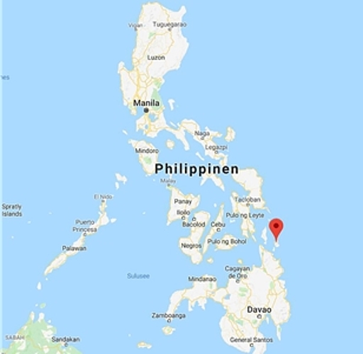 <em>Neue Heimat am Rande des Pazifiks:</em> Karte der Philippinen mit der rot markierten Insel Siargao. Foto: Google Maps