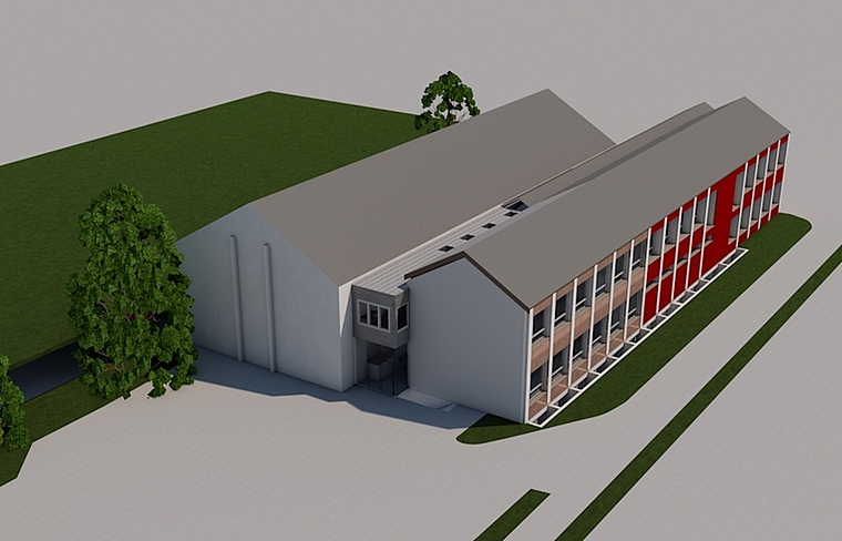 <em>Erweiterungsvorhaben:</em> Das bestehende Schulhaus mit der westseitig roten Fassade wird erweitert um die Länge mit der beigen Fassade. Visualisierung: zvg