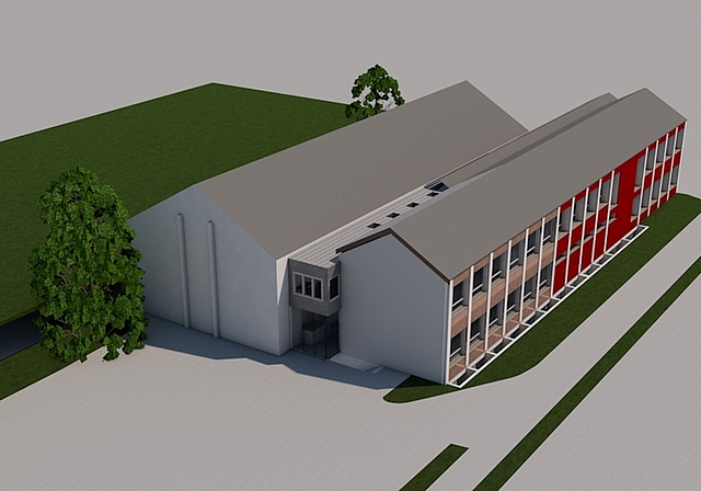 <em>Erweiterungsvorhaben:</em> Das bestehende Schulhaus mit der westseitig roten Fassade wird erweitert um die Länge mit der beigen Fassade. Visualisierung: zvg