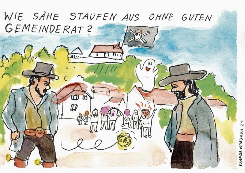 Wildwest-Szenen in Staufen? Piraten auf dem Staufberg? Faustrecht im Dorf? Die KI hat der Illustratorin Wanda Mirjana ein unschönes Bild von Staufen beschrieben. Foto: zvg