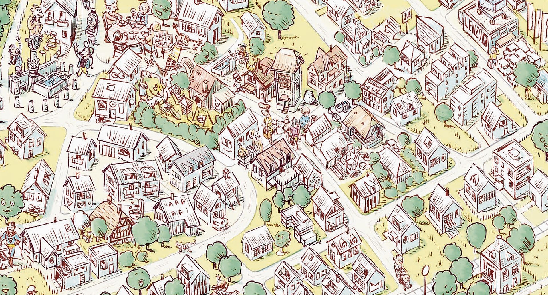 Ein Ausschnitt aus dem neuen Staufner Wimmelbild: Zwischen Brunnen, Wegen und Dorfleben gibt es viel zu entdecken.Grafik: zvg 