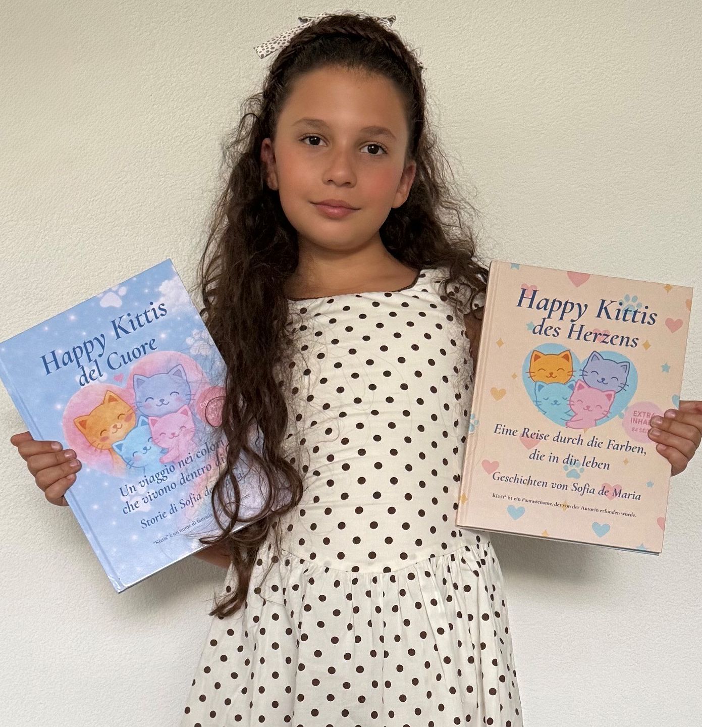 Sofia de Maria mit der italienischen und der deutschen Ausgabe ihres Kinderbuchs «Happy Kittis».Foto: zvg 