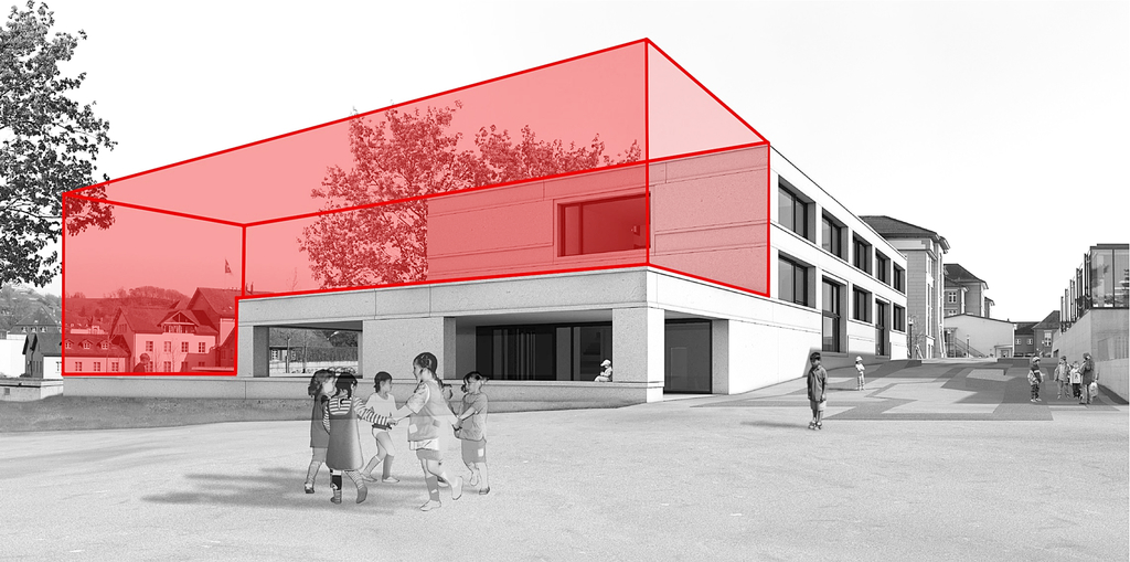 Erweiterung geplant: Der mit der zweiten Etappe geplante Aufbau des Mühlemattschulhauses (rot eingezeichnet). Visualisierung: zvg Erweiterung geplant: Der mit der zweiten Etappe geplante Aufbau des Mühlemattschulhauses (rot eingezeichnet). Visualisierung: zvg