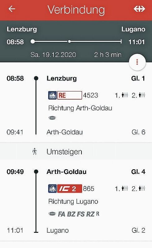 2 Stunden 3 Minuten Reisezeit, einmal umsteigen: Fahrplan Lenzburg–Lugano. Foto: tf
