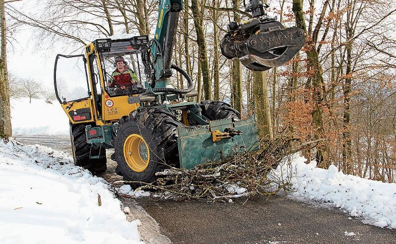 Innert kürzester Zeit ist die Strasse wieder frei: Joel Vögeli platziert die Äste am Strassenrand. Foto: Carolin Frei
