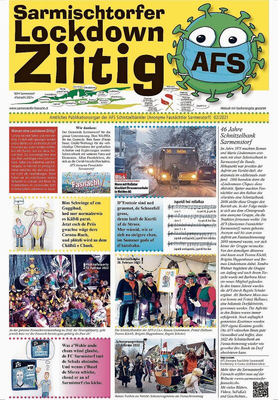 Papierner Fasnachtsersatz: Titelseite der «Sarmischtorfer Lockdown-Ziitig». Foto: zvg
