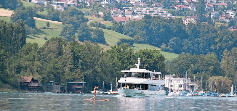 Unliebsame Begegnungen: Stand-Up-Paddler direkt vor einem Kursschiff der Schifffahrtsgesellschaft Hallwilersee. Foto: Nadja Rohner