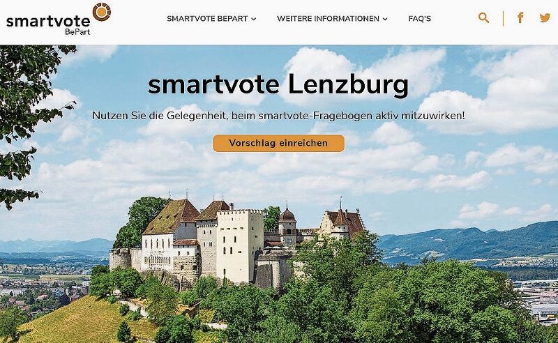 Doppelte Premiere: Homepage von BePart, bei der Lenzburger schweizweit erstmals Fragen für die Wahlhilfe smartvote, die hier zum ersten Mal eingesetzt wird, einreichen können. Foto: zvg
