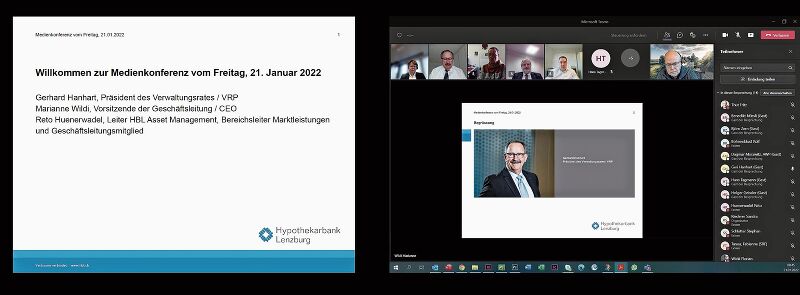 Online statt physisch: Die Medienkonferenz zur Bekanntgabe des Jahresergebnisses 2021 der Hypothekarbank Lenzburg über das Kommunikationsprogramm MS Teams. Screenshot: tf/lba
